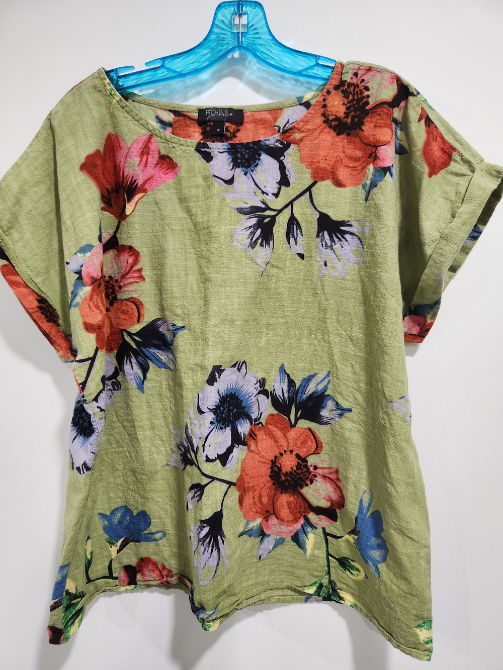 Green Floral 100% Linen Short Sleeve Tunic